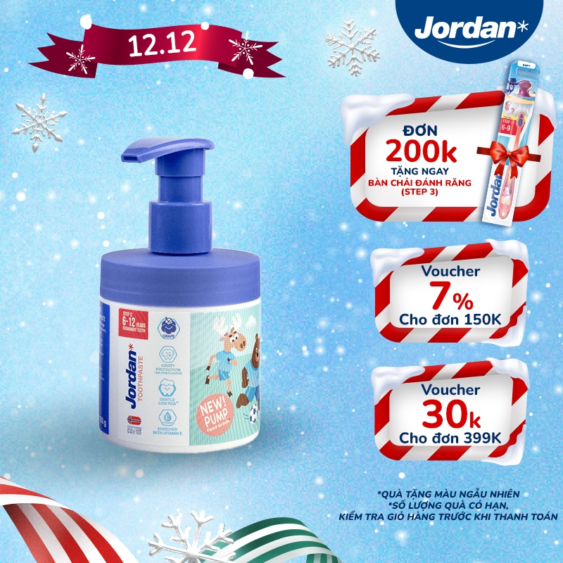  Kem đánh răng Jordan dạng Pump cho trẻ em vị Nho bước 1 cho bé 6-12 tuổi - 188g xuất xứ Na Uy 