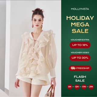  Áo thiết kế kem organza tơ bèo tay dài freesize MOLLYNISTA thanh lịch nữ tính cao cấp 
