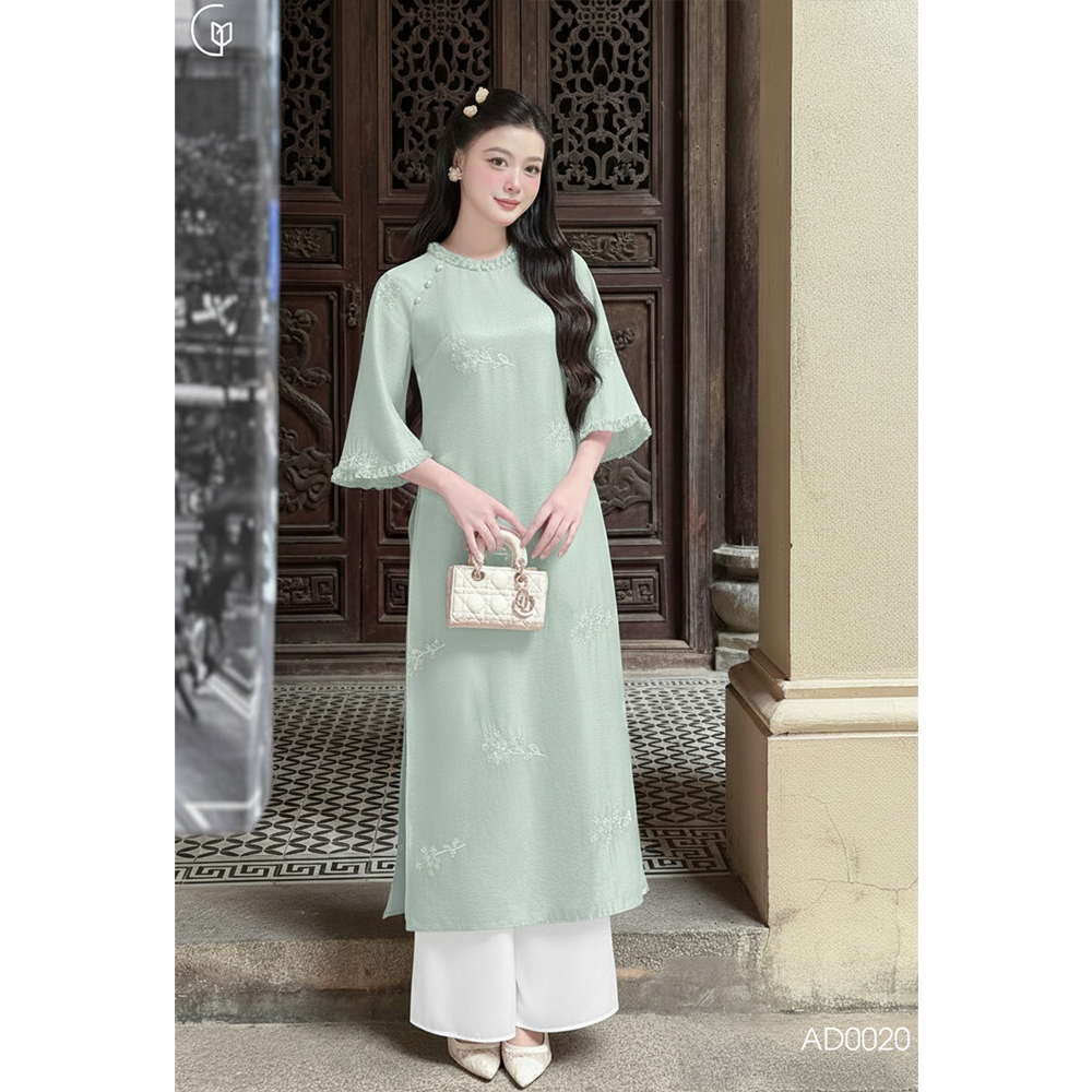 Áo dài tết cách tân nữ dáng suông Giian thiết kế tay loe cách điệu, phối cổ tròn đính hoa, vải tơ ón