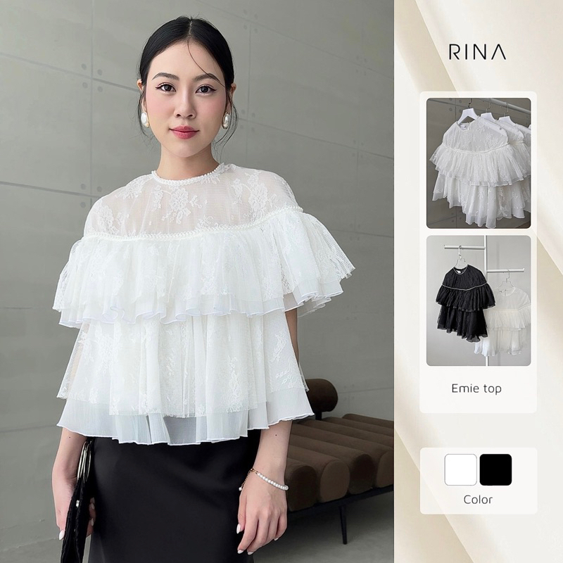 RINA - EMIE TOP - Áo kiểu nữ nhún bèo chất liệu ren phối tơ tiểu thư, thanh lịch.