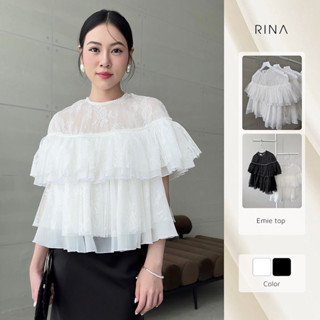  RINA - EMIE TOP - Áo kiểu nữ nhún bèo chất liệu ren phối tơ tiểu thư thanh lịch. 