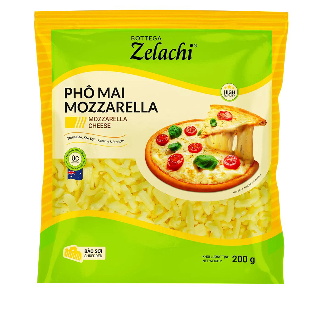 Phô Mai Mozzarella Bào Bottega Zelachi 200g – Mozzarella Cheese Sợi Dai, Topping Pizza, Pasta, Salad