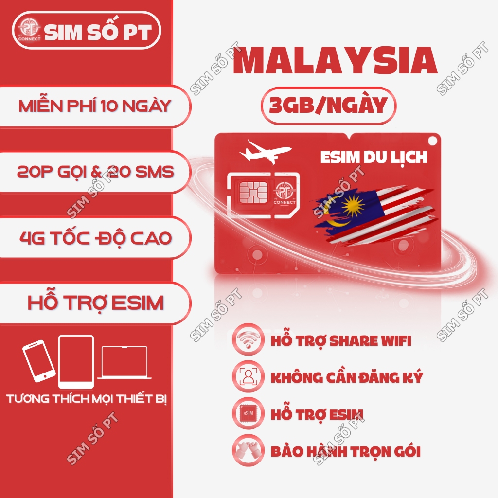 eSIM Malaysia & 3 Nước Sing Thái Indo 2GB/Ngày – 3 Đến 15 Ngày – Hỗ Trợ eSIM – Sóng Digi 5G