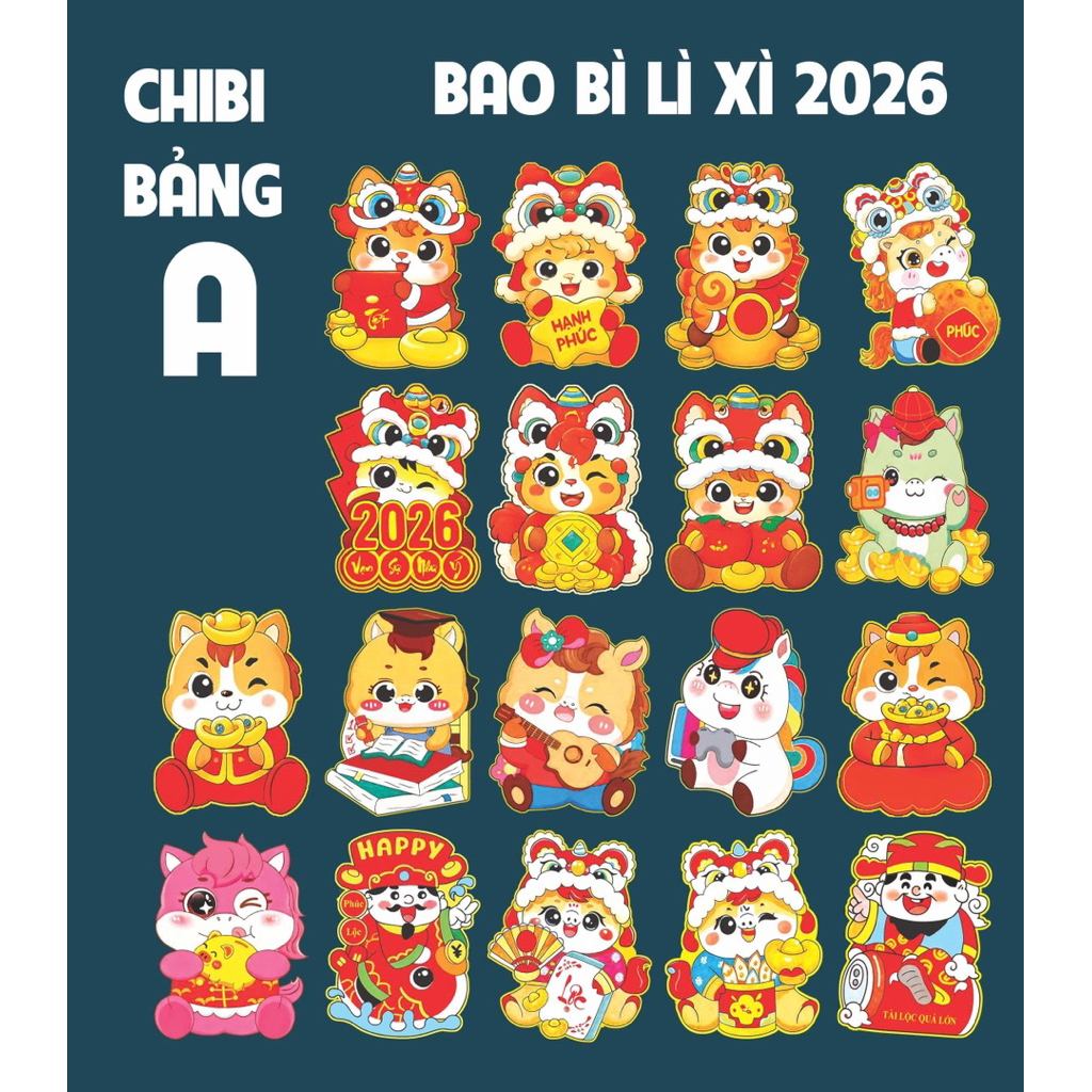 Set 25, set 50, set 100 bao lì lì Chibi, hoạt hình tổng hợp Tết Bính Ngọ 2026