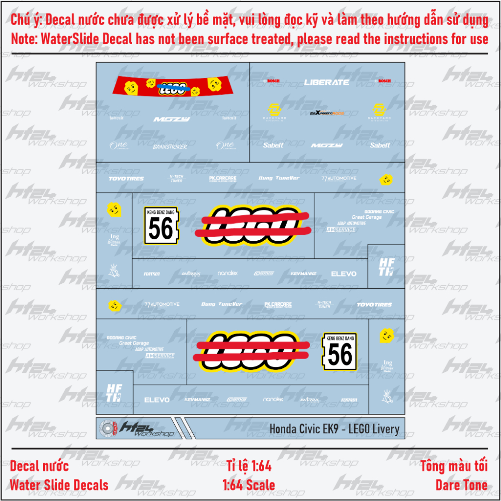 Decal nước Honda Civic EK9 - LEG0 Livery xe mô hình 1:64 (DARK TONE)
