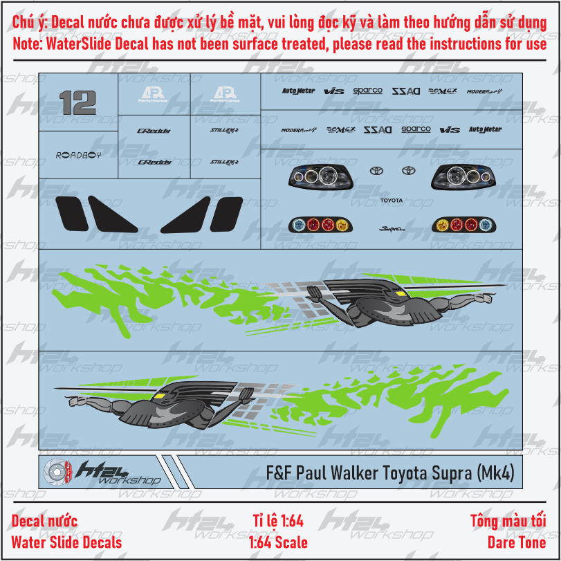 HT24workshop - Decal nước Fast & Furious Paul Walker Toyota Supra (MK4) cho xe mô hình 1:64 (DARK TO