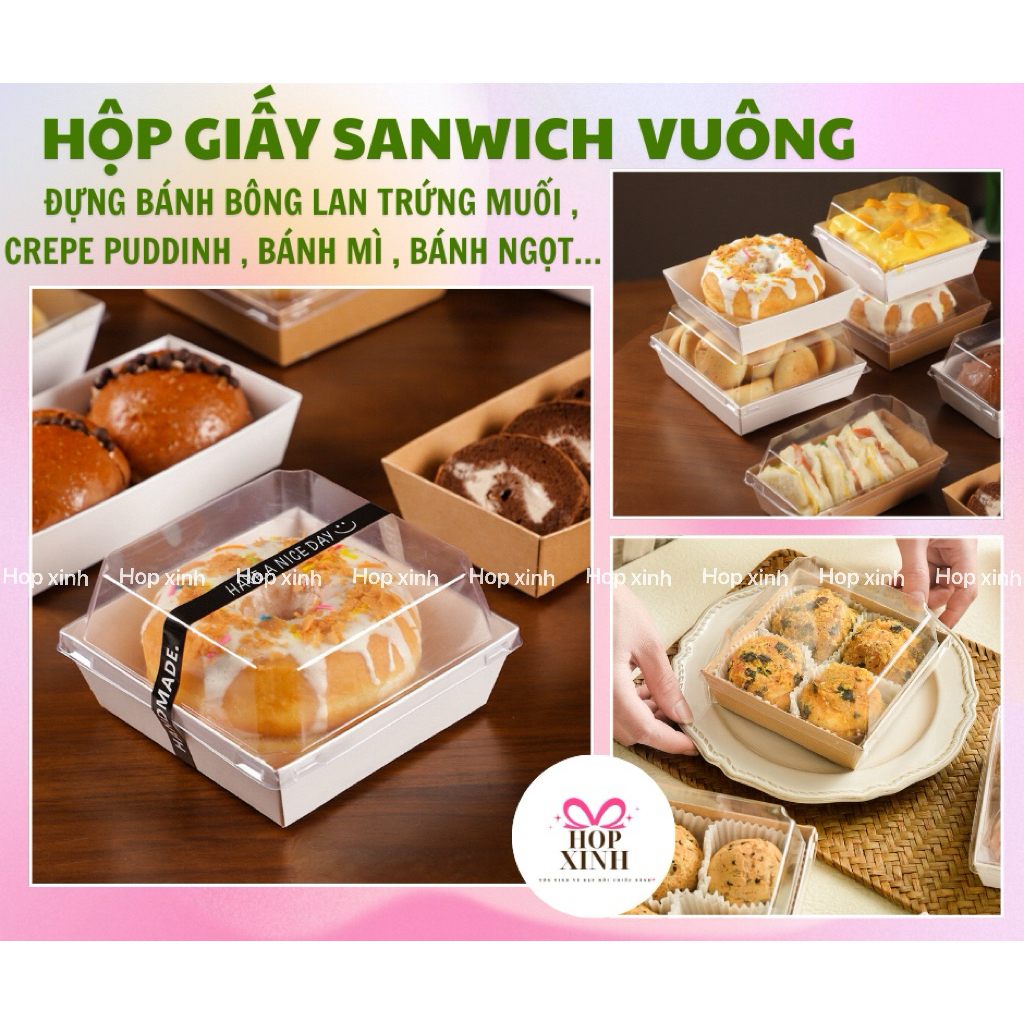 50 HỘP GIẤY SANDWICH VUÔNG NẮP MICA – HỘP ĐỰNG BÁNH BÔNG LAN, CREPE, BÁNH MÌ, BÁNH NGỌT | HỘP XINH