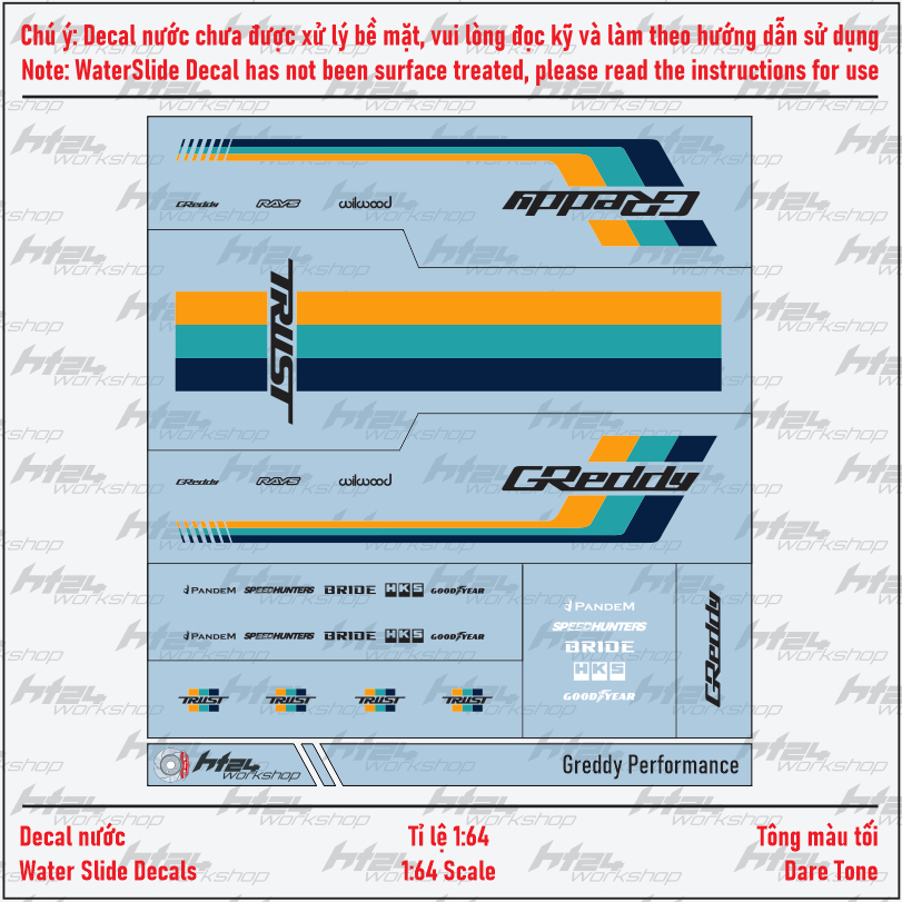 HT24workshop - Decal nước Greddy wrap cho xe mô hình 1:64 (DARK TONE)