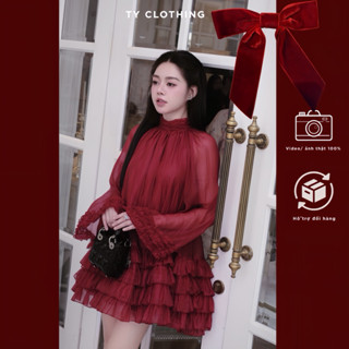  Váy voan tơ xốp tay xoè bồng tiểu thư đi tiệc sang chảnh - Đỏ Đô - Hàng Thiết Kế - TY CLOTHING 