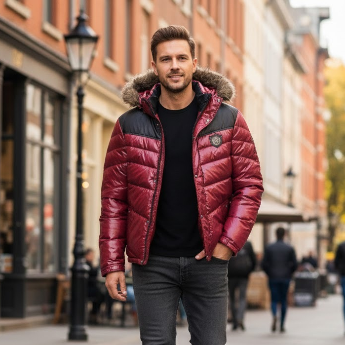 Áo phao nam mũ lông" (Men's Puffer Jacket with Fur Hood)
