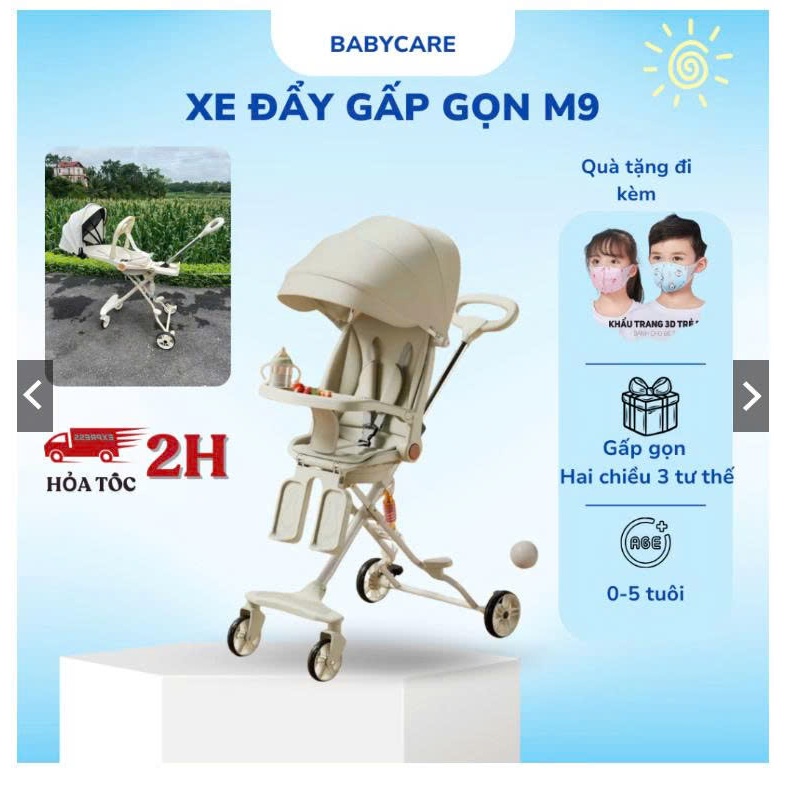 Xe đẩy cho bé gấp gọn 2 chiều M9 cho bé sơ sinh, xe đẩy ngã lưng 180 độ và xoay chiều tự động 360 độ