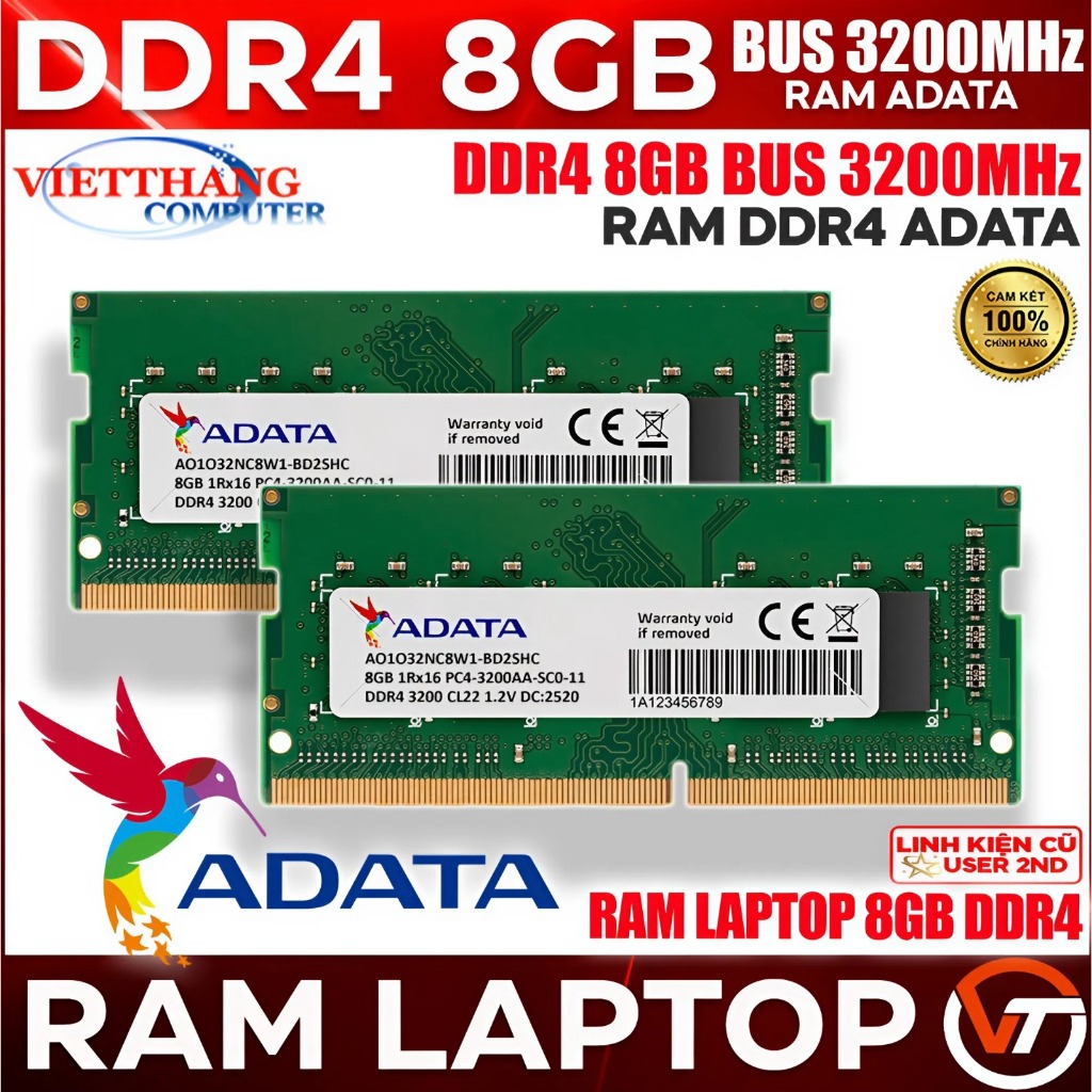 Ram Máy Tính Laptop Adata 8GB DDR4 Bus 3200Mhz Dùng cho Laptop Tháo máy đẹp như mới ( Cũ - 2nd )