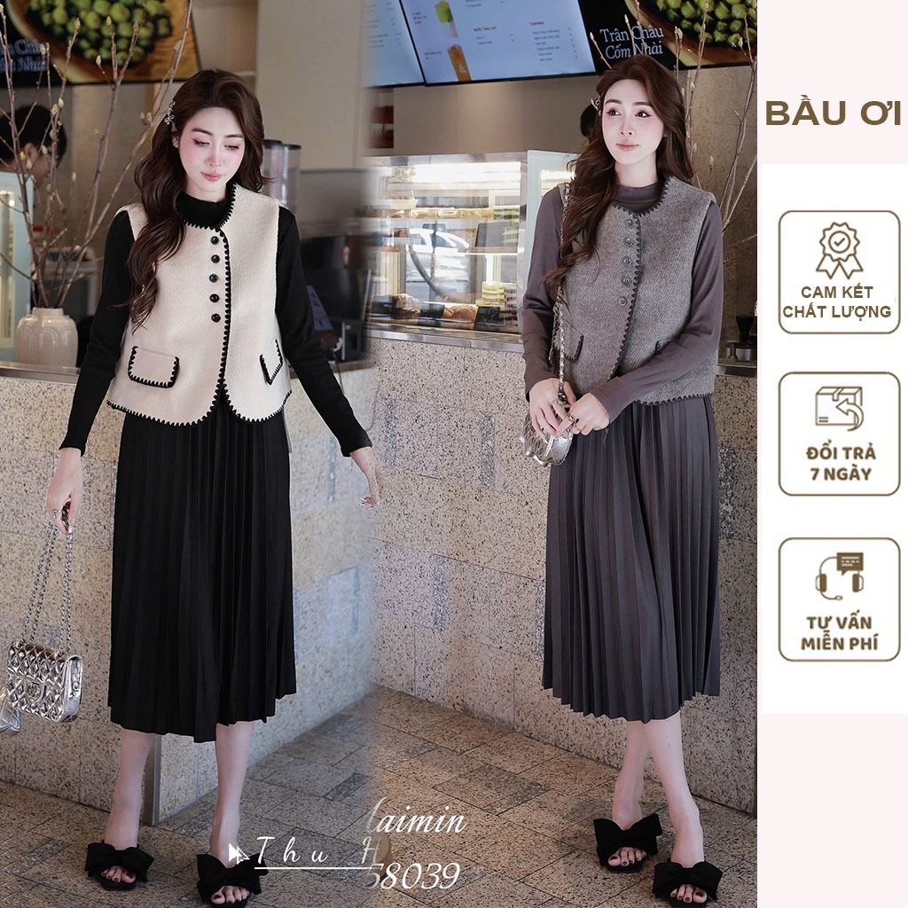 Set Váy bầu mùa đông ấm áp gồm áo gile dạ viền đen trắng điệu đà và váy dài tay cổ 3 phân xếp li tha