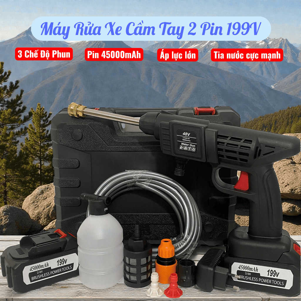 Máy Rửa Xe Cầm Tay 199V 2 Pin 45000mAh – 3 Chế Độ Phun, Áp Lực Mạnh, Bộ Phụ Kiện Đầy Đủ