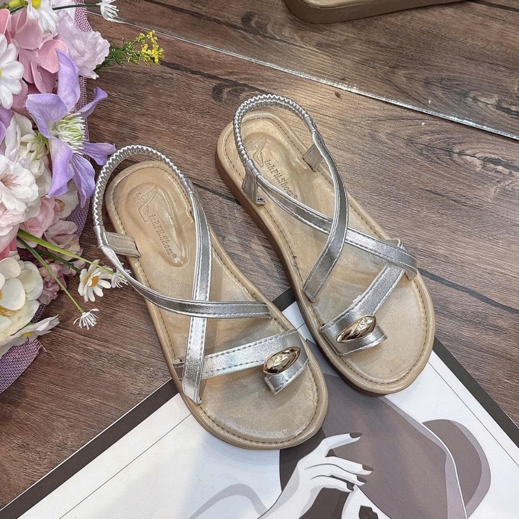 Dép nữ sandal dây xỏ ngón đính khuy đế 3PH quai da mềm êm chân T83