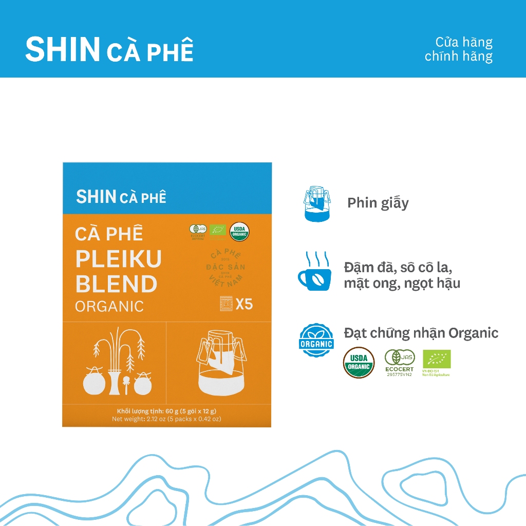 Cà Phê Phin Giấy - Pleiku Blend Organic - SHIN Cà Phê - Hộp 5 gói