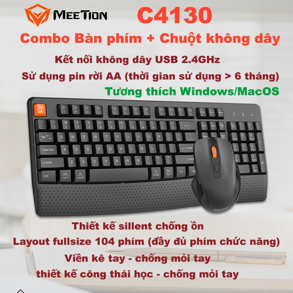 Bộ bàn phím chuột không dây Meetion C4130 kết nối USB2.4G phím thiết kế fullsize 104 phím chống ồn hiệu quả