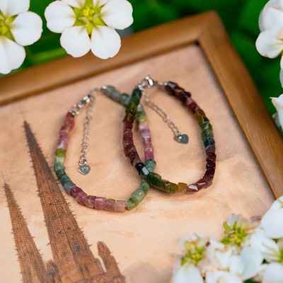 Vòng Tay Tourmaline Hạt Thô Vuông 5Ly Mix Màu Đá Tự Nhiên Lắc Tay Phong Thủy Khoá Bạc 925 - Ngọc Trai Trường Thịnh