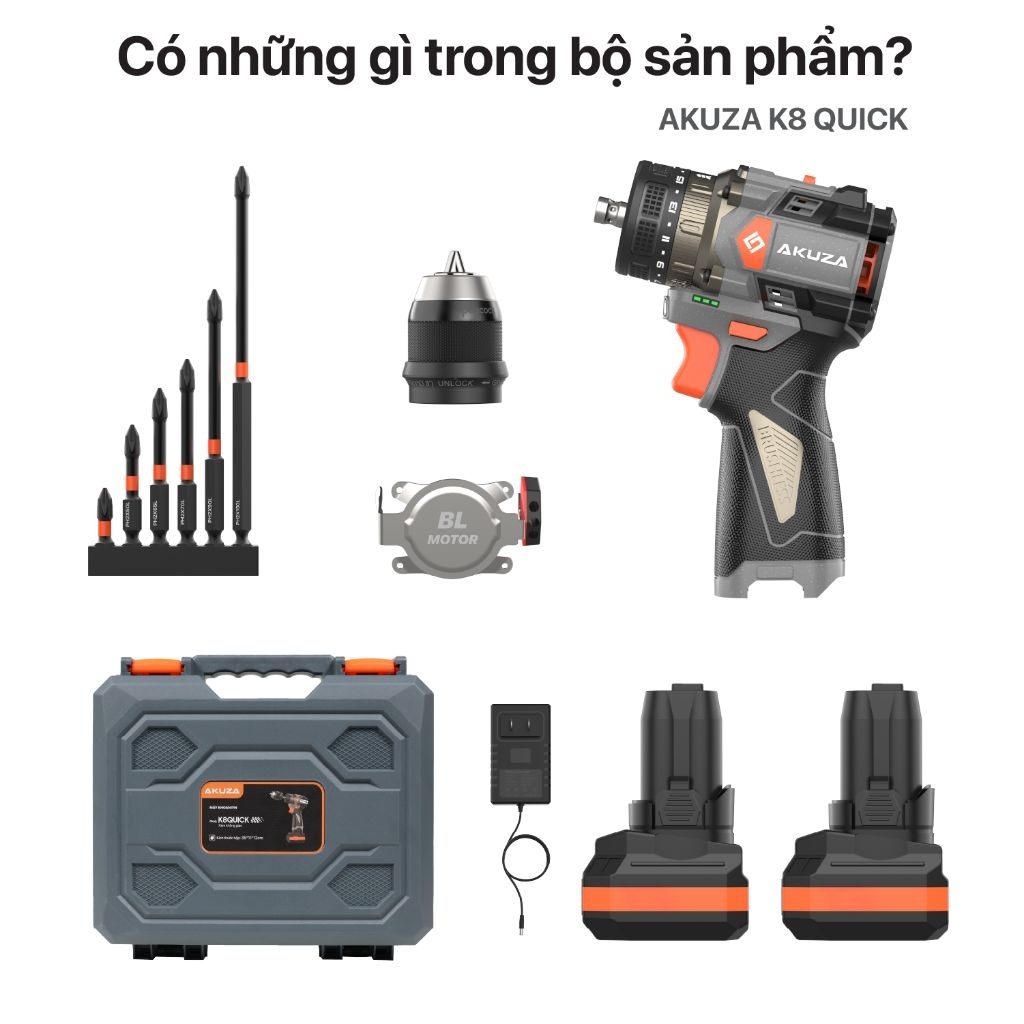 Máy Khoan AKUZA K8 QUICK PRO Có Búa- Khoan 16,8V Không Chổi Than Đầu Kẹp 10mm,Tặng bộ mũi vít