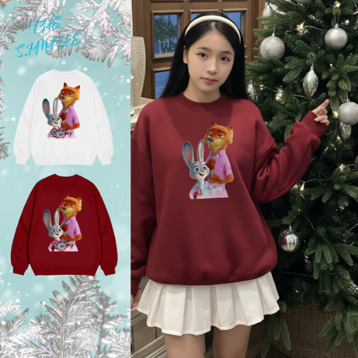 Áo Sweater The Simple Form Rộng Unisex In Hình Thỏ Và Cáo Dễ Thương