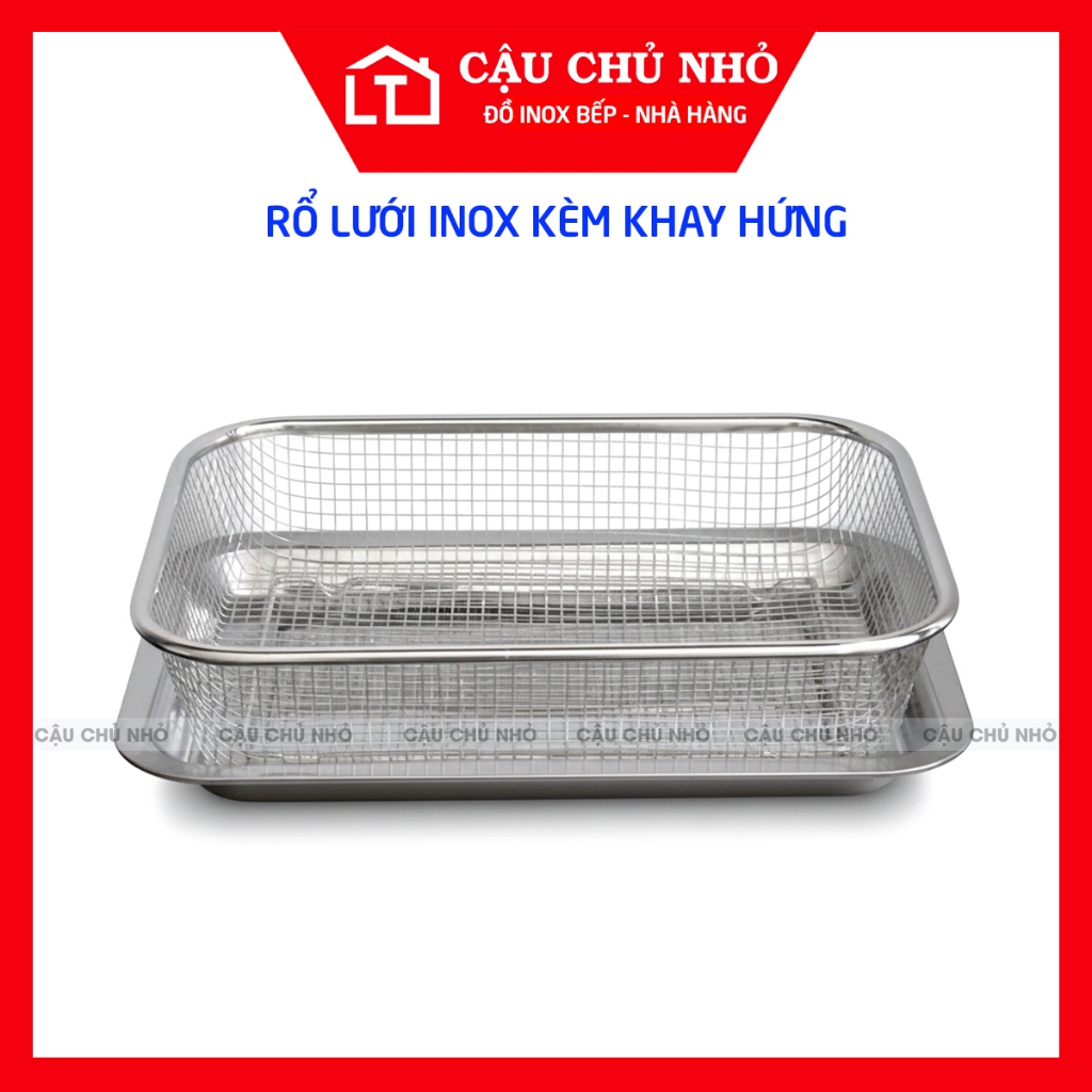 bộ rổ lưới inox kèm khay hứng, rổ lưới inox đựng rau củ quả có chân Cậu Chủ Nhỏ