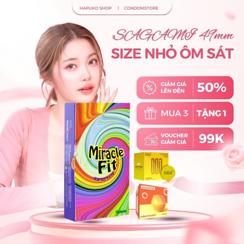 [Quà tặng 1 chiếc bcs random] Bao cao su size XS 49mm Sagami MIRACLE FIT siêu mỏng kiểu dáng 3D ôm k