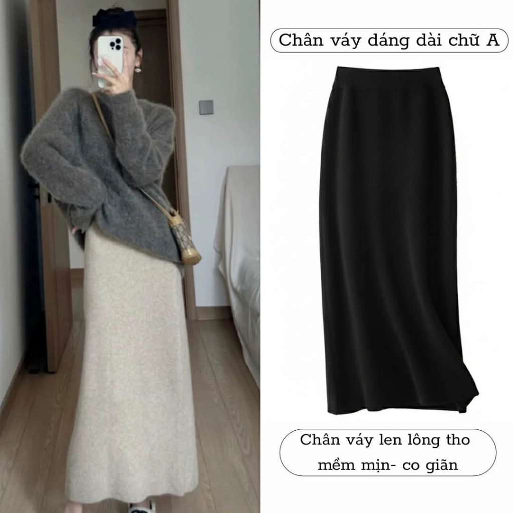 Chân Váy Len Lông Thỏ Đúc Xẻ Sau Dài 88cm Chân Váy Len Dáng Dài Chân Váy Nỉ Len Cạp Chun Xẻ Tà Sau P