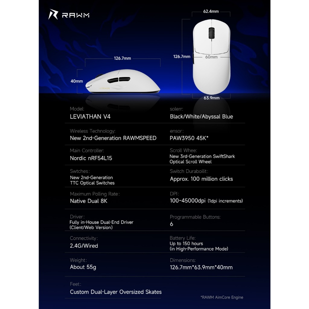 Chuột Gaming RAWM Leviathan V4 – 55g, PAW3950 45K, 8K Polling, Kết Nối 2.4G/Wired | BigBuy360 - bigbuy360.vn