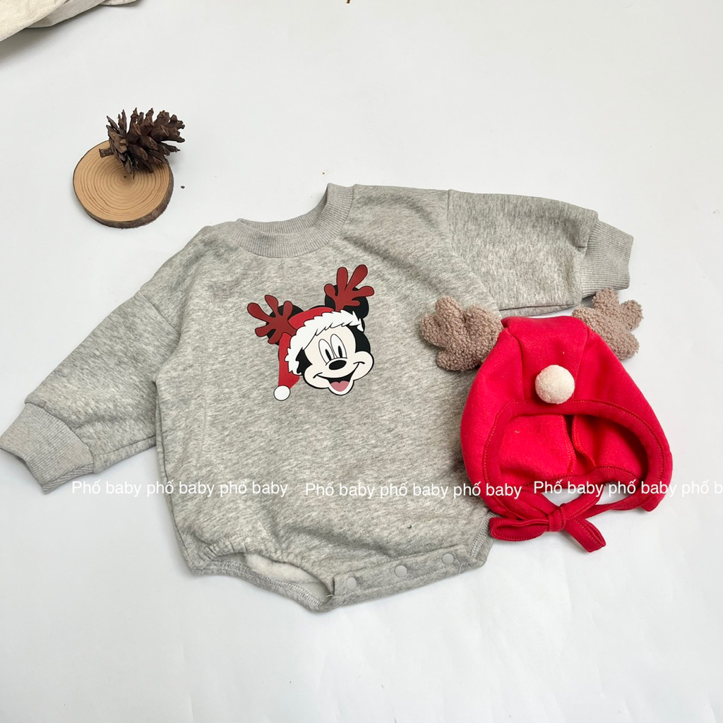 bodysuit(chưa mũ) xám chuột mickey nỉ bông dày dặn ấm áp cho mùa đông nhiều hoạ tiết cho bé trai bé gái