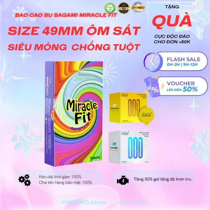 [Quà tặng 1 chiếc bcs random] Bao cao su Nhật Bản Sagami MIRACLE FIT 49mm size nhỏ kiểu dáng 3D ôm k