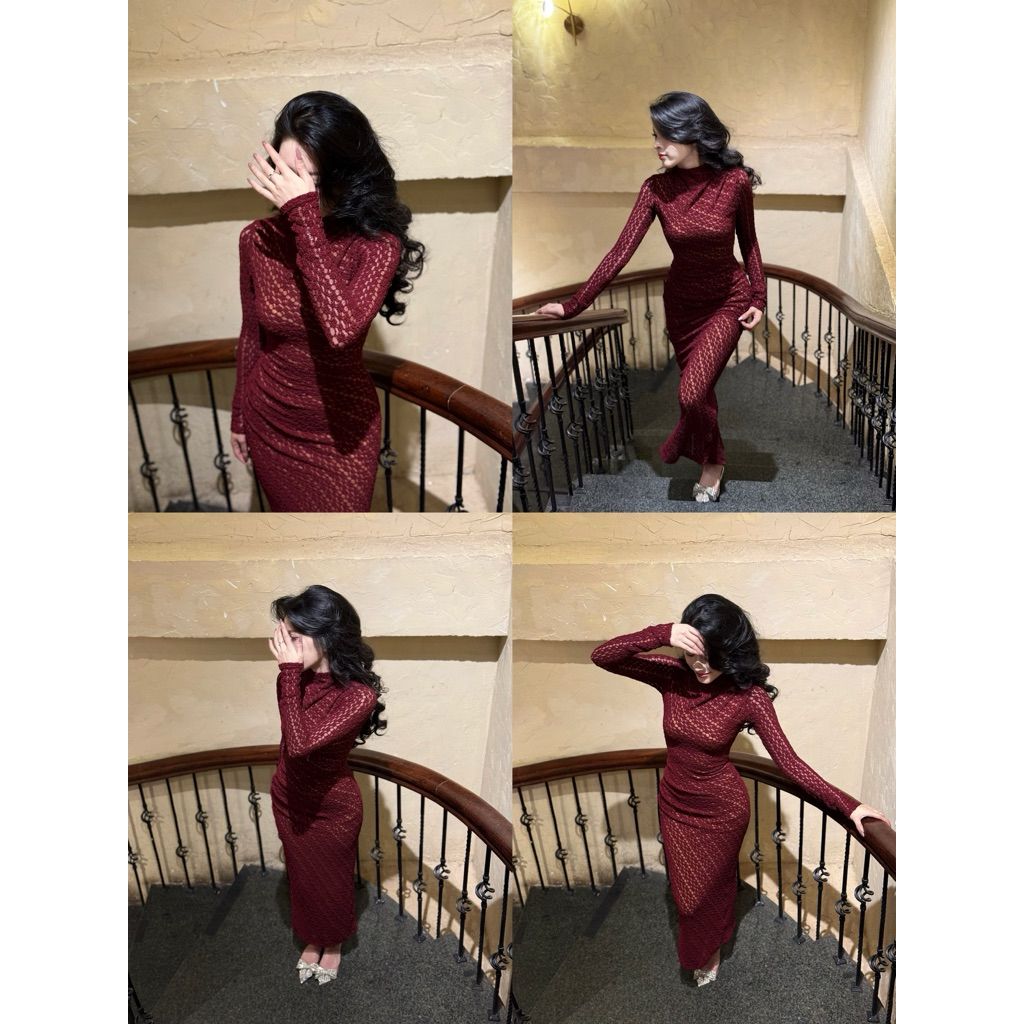 Hạnh sino.97 Váy ren body tay dài xẻ sau sang chảnh