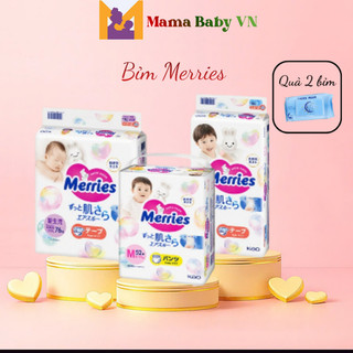   QUÀ 2   CỘNG MIẾNG  Tã bỉm MERRIES  nội địa Nhật dán quần NB72 S66 M60 M54 L46 XL40 XXL26 Mama Baby VN 