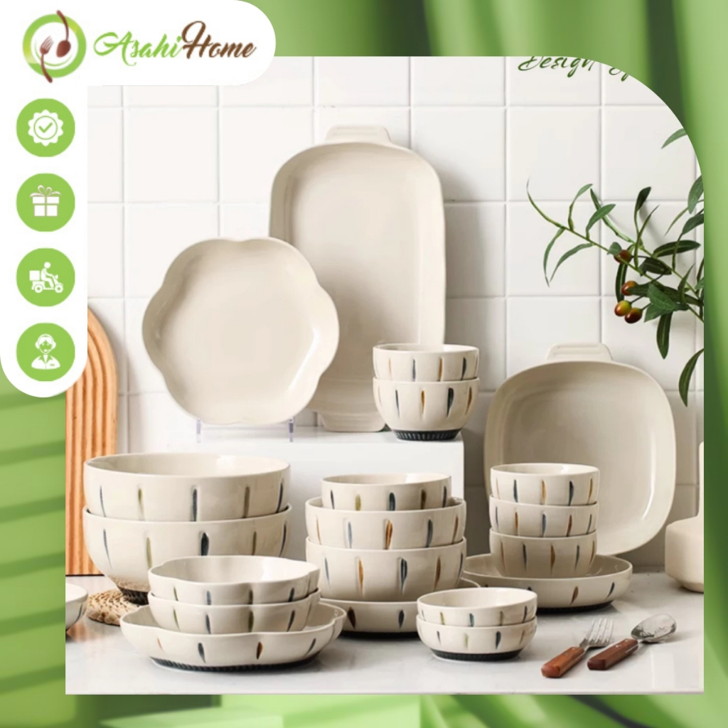 Set bát đĩa sứ đa sắc tráng men cao cấp ASAHI HOME phong cách Nhật Bản, bộ đồ bàn ăn sang trọng