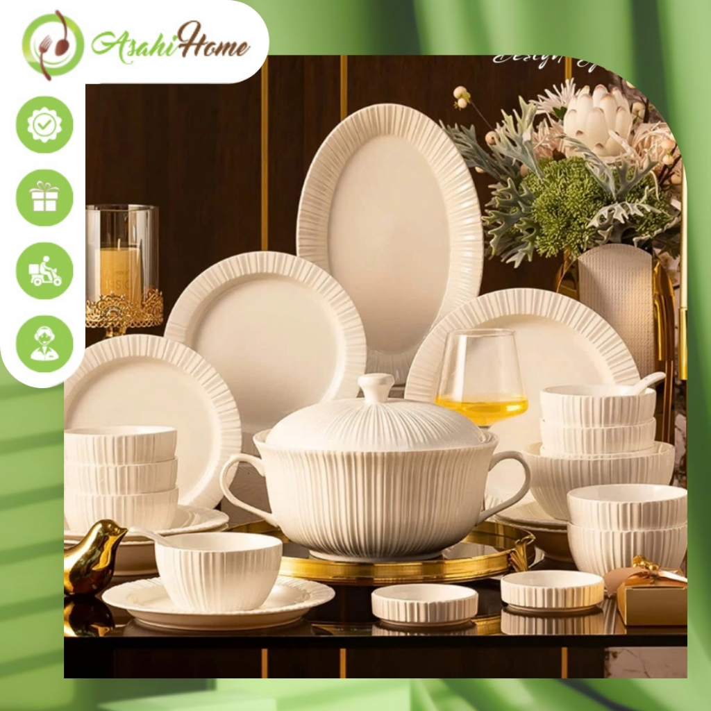 Bát đĩa sứ trắng vân mây cao cấp ASAHI HOME, bộ chén đĩa ăn cơm sang trọng bán tách lẻ món tiện lợi