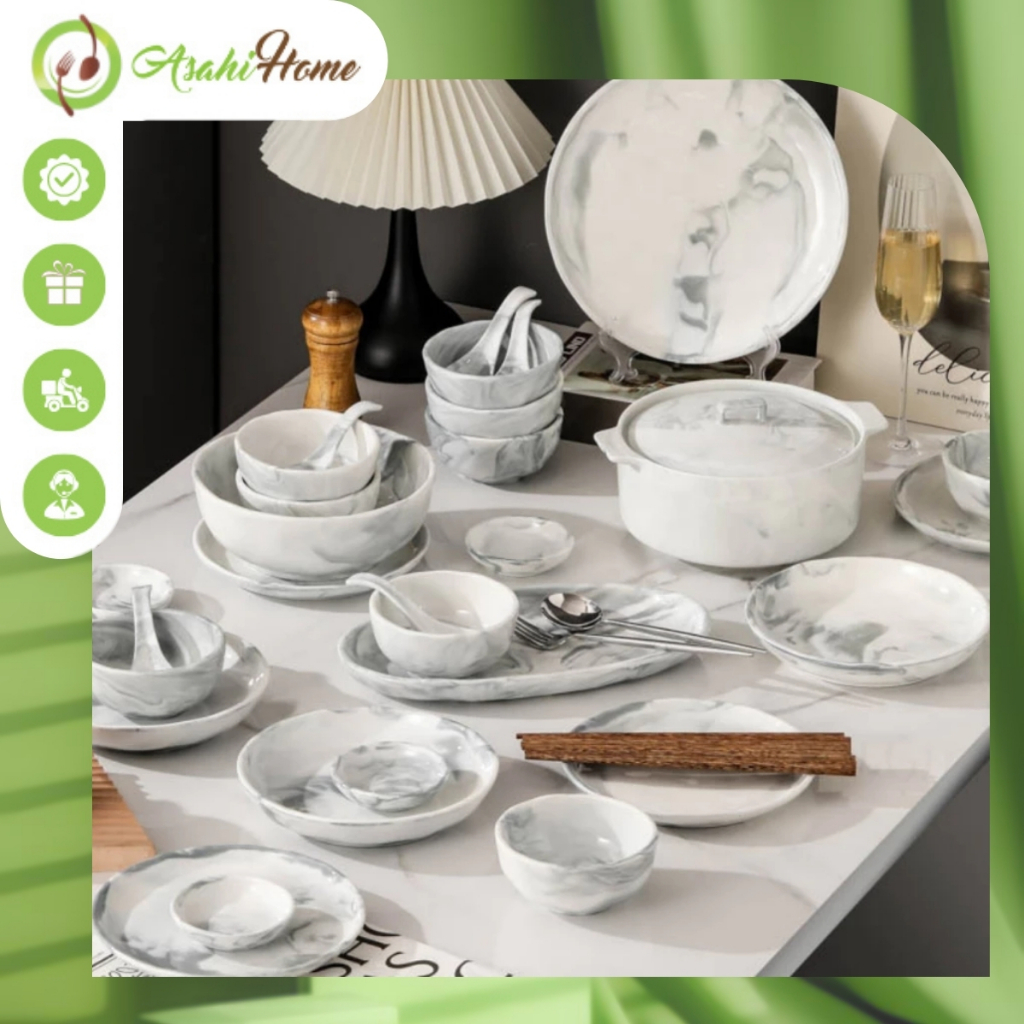 Bộ bát đĩa ASAHI HOME nhiều chi tiết bằng gốm sứ cẩm thạch vân đá cao cấp dùng được cho lò nướng