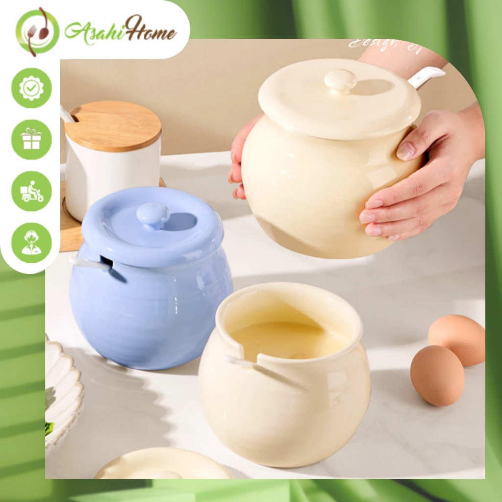 Hũ đựng gia vị bằng sứ chịu nhiệt tốt ASAHI HOME, lọ gốm đựng mỡ có nắp đậy nhiều màu xinh xắn