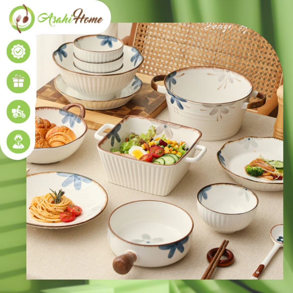Chén đĩa gốm sứ họa tiết hoa tròn xanh xám ASAHI HOME phong cách Nhật Bản đơn giản nhưng tinh tế