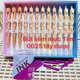  Hộp 12 Chiếc Bút Máy Bấm Tẩy Bút Máy Tẩy Mực Hình Capybara- Baby three-Labubu-Kuromi Có Bơm Mực & Kèm Mực Tẩy Xanh 