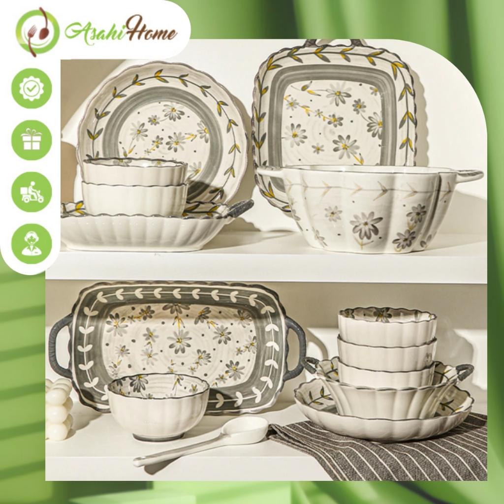Bát đĩa sứ tráng men cao cấp họa tiết cúc họa mi ASAHI HOME, bộ đồ bàn ăn dùng được cho lò vi sóng