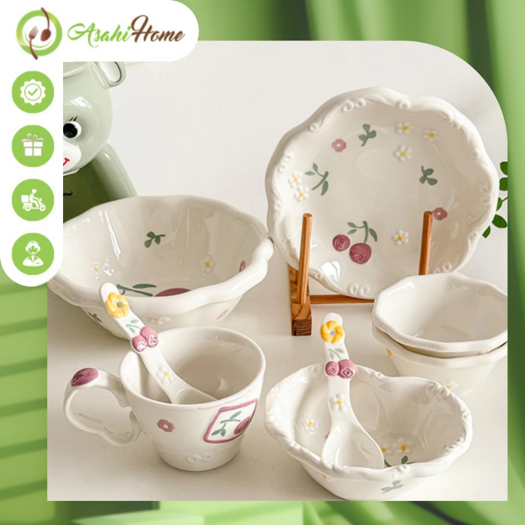 Bát đĩa chén dĩa sứ tráng men ASAHI HOME họa tiết quả việt quất và hoa cúc trắng khắc nổi