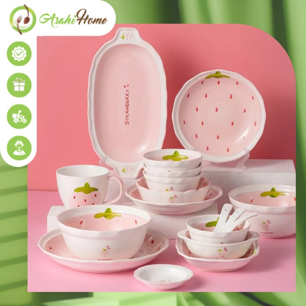 Set bát đĩa gia đình ASAHI HOME họa tiết dâu tây, bộ đồ bàn ăn bằng gốm sứ cao cấp nhiều chi tiết