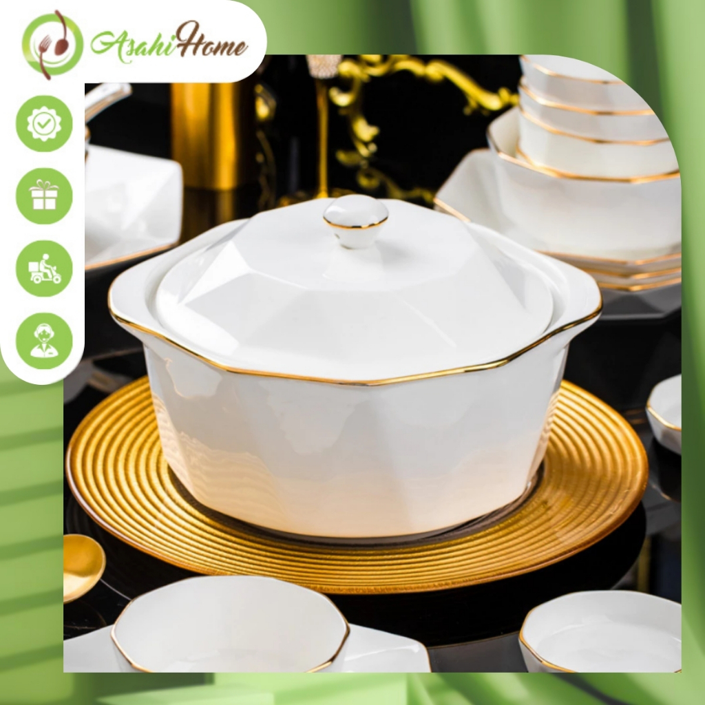 Thố sứ tráng men cao cấp dùng được cho lò nướng ASAHI HOME, bát lớn có nắp đựng cơm canh hoàng gia