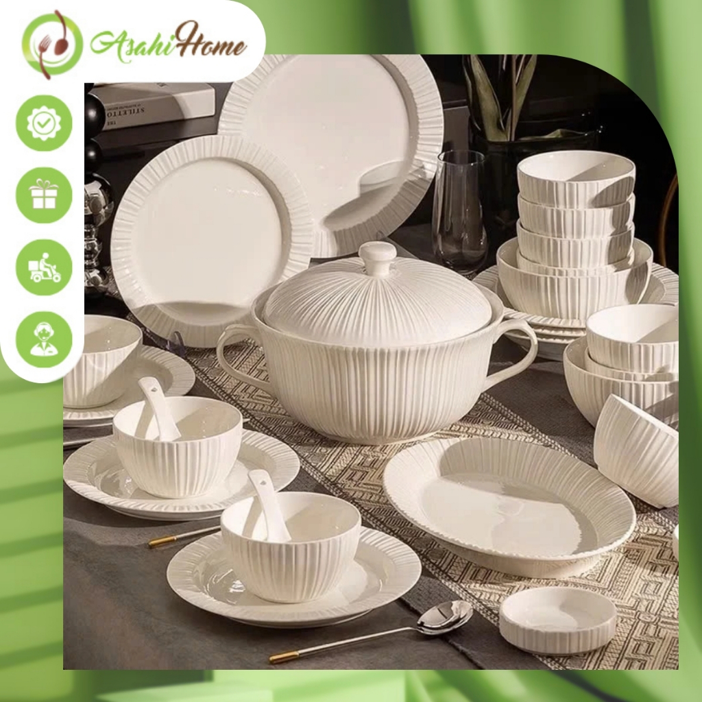 Bộ bát đĩa ăn cơm sứ trắng vân mây cao cấp ASAHI HOME, set đồ bàn ăn đơn giản sang trọng