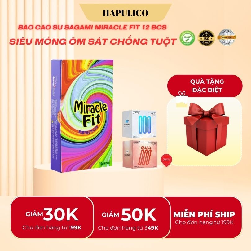 [Quà tặng 1 chiếc bcs random] Bao cao su superthin SAGAMI MIRACLE FIT 49mm size nhỏ kiểu dáng 3D ôm 