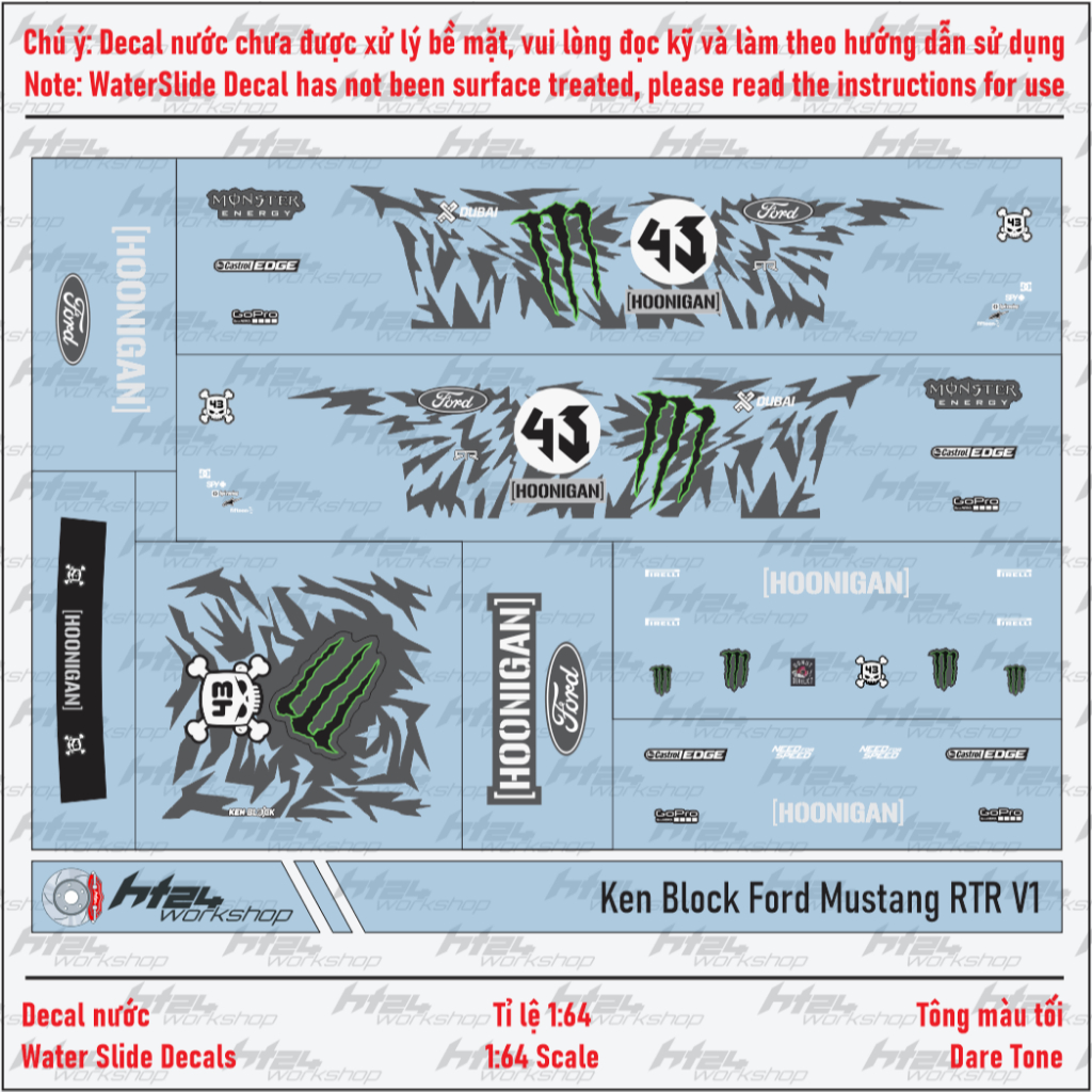 HT24workshop - Decal nước Ken Block Ford Mustang RTR V1 cho xe mô hình 1:64 (DARK TONE)