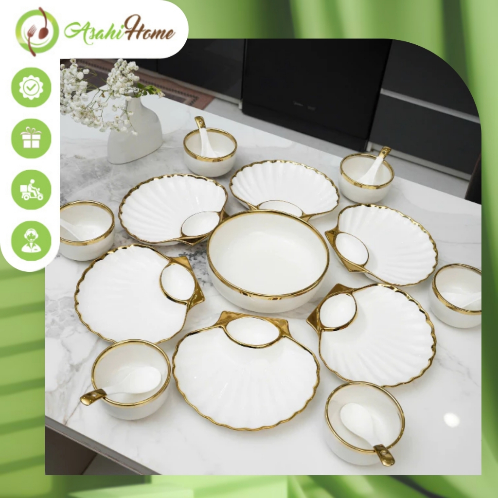Set bát đĩa gốm sứ HOA MẶT TRỜI trắng vân sò viền vàng ánh kim ASAHI HOME bát đĩa dĩa thìa tô canh