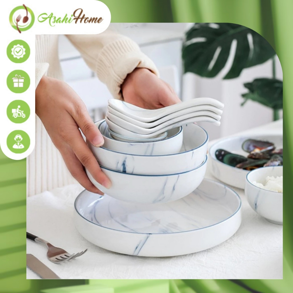 Set bộ bát đĩa gốm sứ THANH VÂN trắng vân xanh ASAHI HOME bát đĩa dĩa thìa tô canh chịu nhiệt