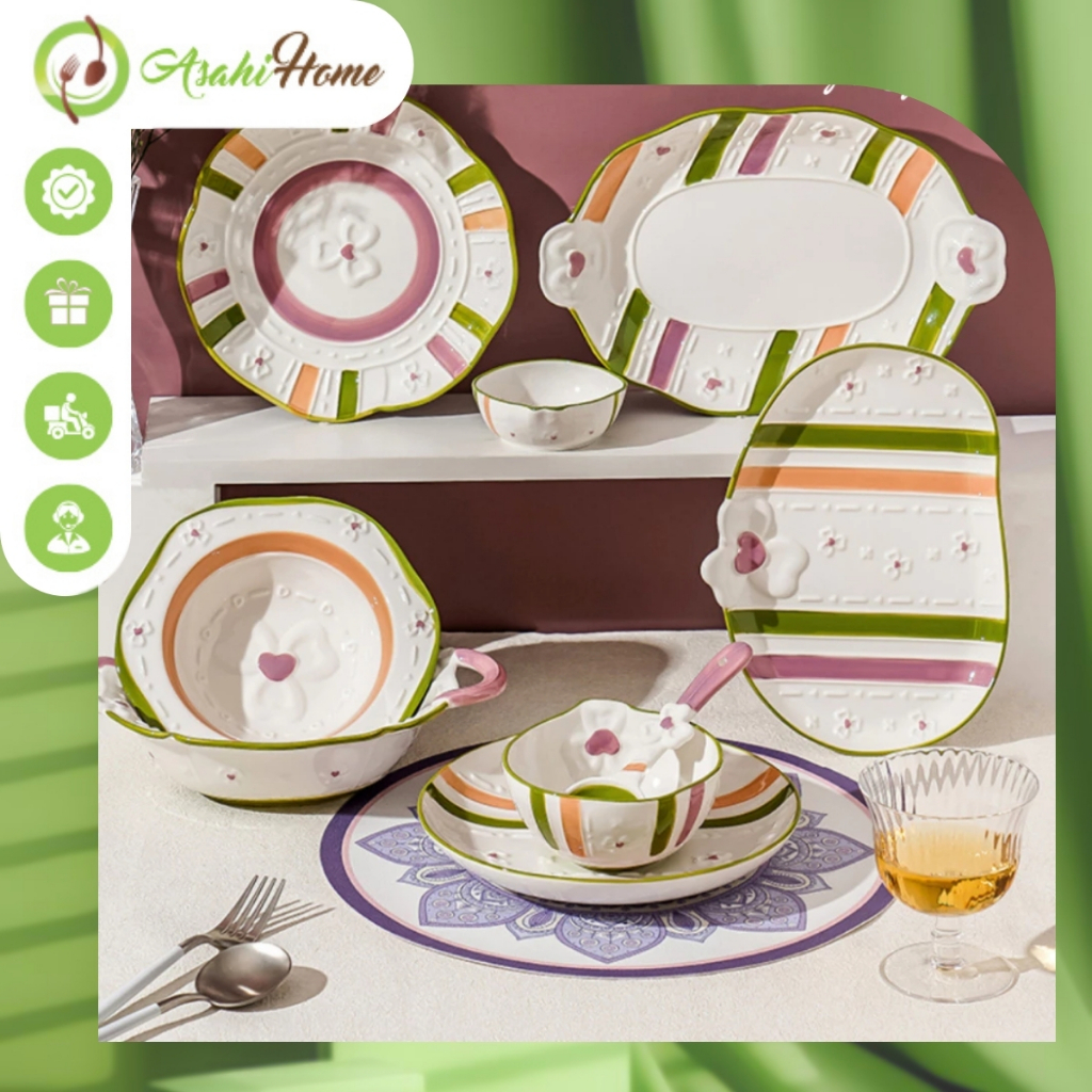 Set bát đĩa hoa nơ xanh chibi cách điệu ASAHI HOME, bộ đồ bàn ăn gốm sứ tráng men khắc nổi