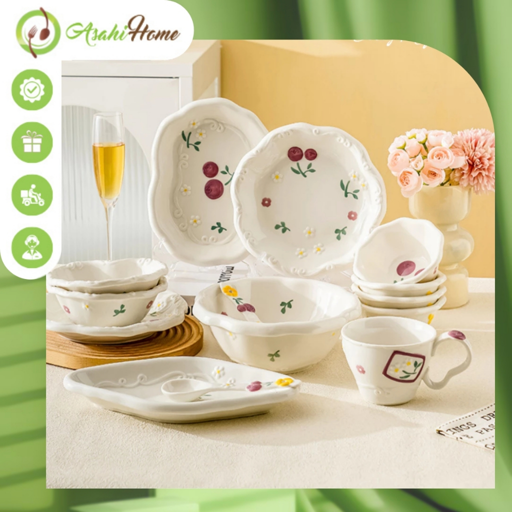 Bộ bát đũa bàn ăn cho gia đình full bộ ASAHI HOME, bộ đồ bàn ăn decor họa tiết dễ thương