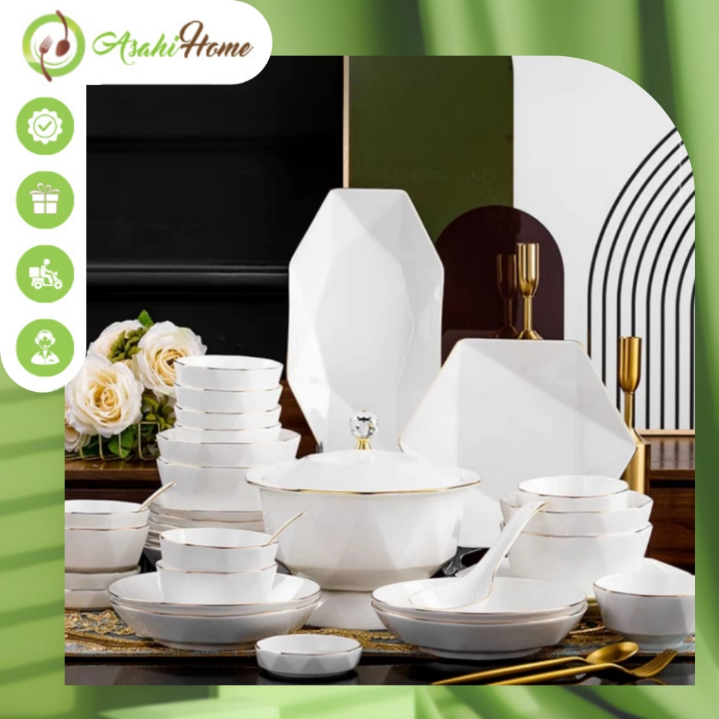 Bộ bát đĩa sứ kim cương nguyên set cao cấp ASAHI HOME tráng men sang trọng, dùng được máy rửa bát